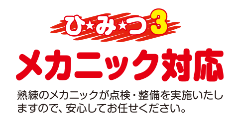 [（ひみつ3）メカニック対応]熟練のメカニックが点検・整備を実施いたしますので、安心してお任せください。