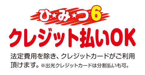 [（ひみつ6）クレジット払いOK]法定費用を除き、クレジットカードがご利用いただけます。※出光クレジットカードは分割払いも可。